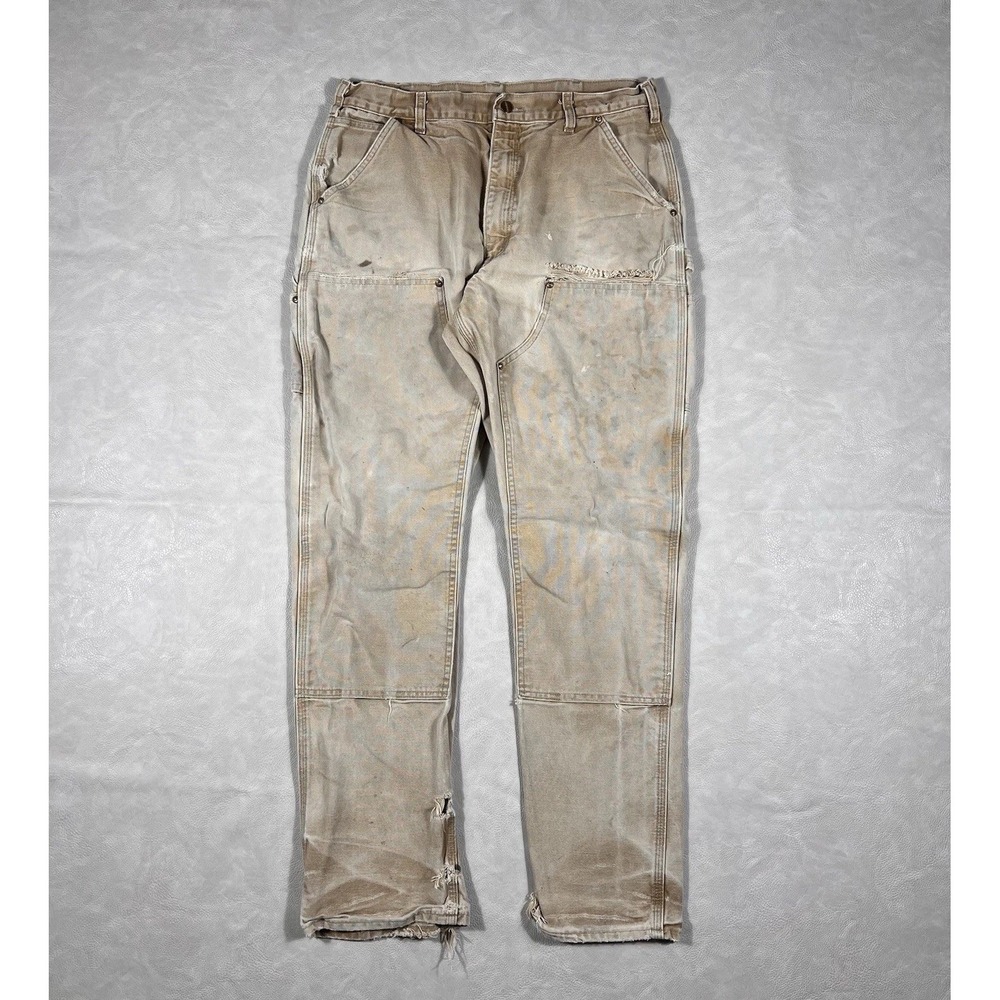 Vintage Carhartt Double Knee Pants Size 34x32 Tan Thrashed Made In USA Carpenter
